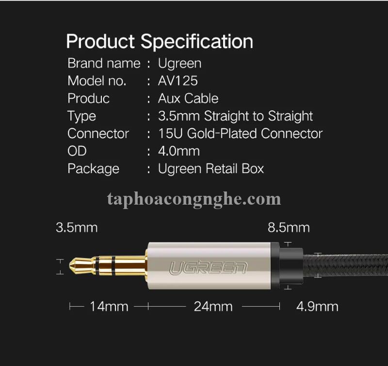 Ugreen 40785 10M màu Đen Cáp âm thanh 2 đầu 3.5mm dương đầu bọc kim loại cao cấp AV125 30040785